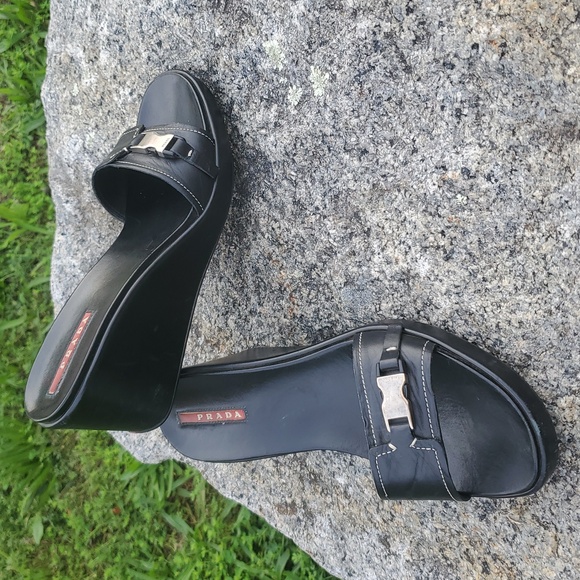 Prada Black Leather Wedge Sandals Size 9.5 - Picture 1 of 16